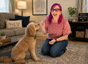 Certified trainer doing in-home dog training Royal Oak MI with a dog in a living room