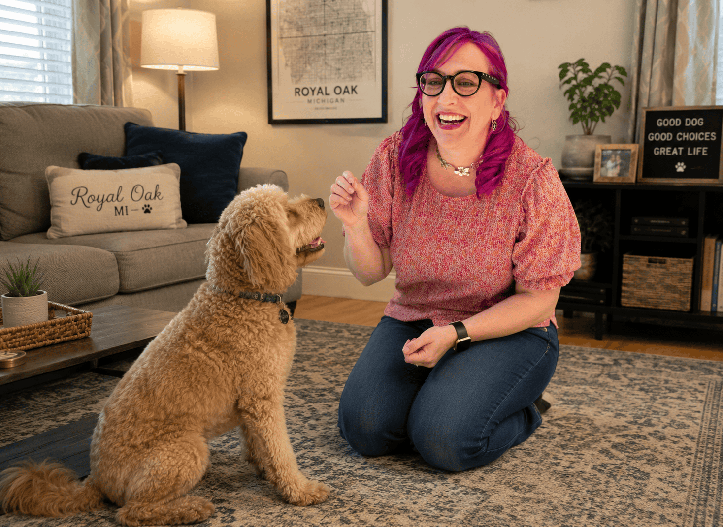 Certified trainer doing in-home dog training Royal Oak MI with a dog in a living room